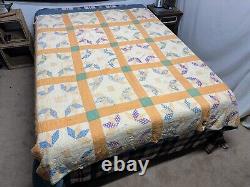 VTG Handmade Half Star Flower Quilt Patchwork Square 65x78 Feedsack Distressed