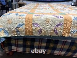 VTG Handmade Half Star Flower Quilt Patchwork Square 65x78 Feedsack Distressed