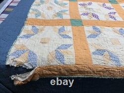 VTG Handmade Half Star Flower Quilt Patchwork Square 65x78 Feedsack Distressed