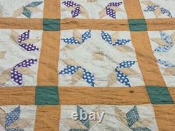 VTG Handmade Half Star Flower Quilt Patchwork Square 65x78 Feedsack Distressed