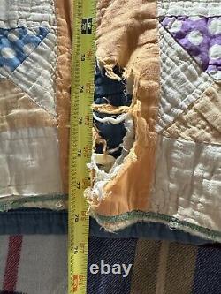 VTG Handmade Half Star Flower Quilt Patchwork Square 65x78 Feedsack Distressed