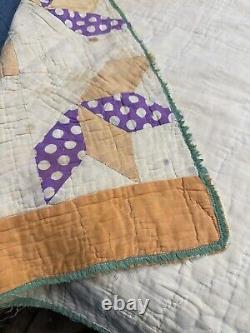 VTG Handmade Half Star Flower Quilt Patchwork Square 65x78 Feedsack Distressed