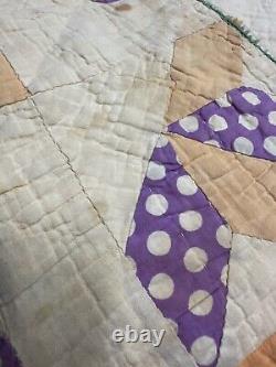 VTG Handmade Half Star Flower Quilt Patchwork Square 65x78 Feedsack Distressed