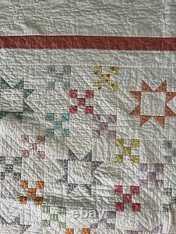 VTG Handmade Hand Sewn Sawtooth Star + Postage Stamp Quilt Quilt 72 X 84