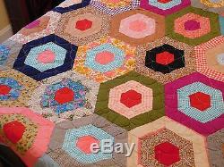 VTG Handmade Multi-Color Hexagon Design QUILT in Vibrant Colors 88 x 78