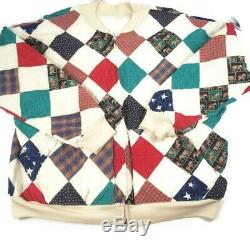 VTG Handmade Patchwork Quilt Full Zip Jacket Coat Of Many Colors USA Sz 1X-2X
