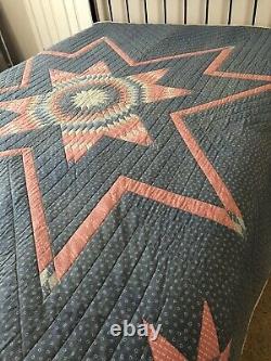 VTG Handmade Quilt Queen Star of Bethlehem Blue Pink Pastel Handquilted 86x86