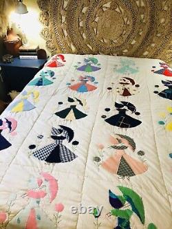 VTG Handmade Quilt Southern Belle Bedspread Boucle Houndstooth Retro Prints