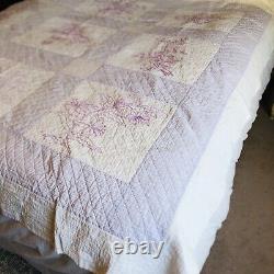 VTG Handmade Quilt heavy cotton White purple & embroidered super nice