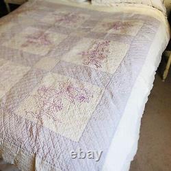 VTG Handmade Quilt heavy cotton White purple & embroidered super nice