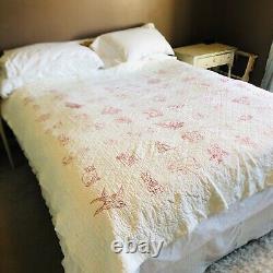 VTG Handmade Quilt heavy cotton White w soft red embroidered