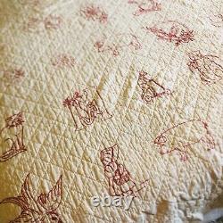 VTG Handmade Quilt heavy cotton White w soft red embroidered