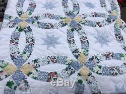 VTG Handmade Stitched Double Wedding Ring Quilt. Sz Full 87WX84L VGC