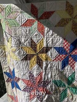 VTG Handsewn Quilt 8 Pt Star (70's Holly Hobbie fabric withFeedsack fabrics) Read