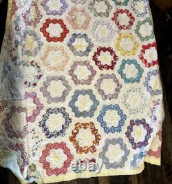 VTG Handstich Quilt Grandmother Flower Garden Feed Flour Sack 68 x 83 DAMAGED