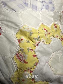 VTG Handstich Quilt Grandmother Flower Garden Feed Flour Sack 68 x 83 DAMAGED