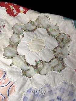 VTG Handstich Quilt Grandmother Flower Garden Feed Flour Sack 68 x 83 DAMAGED