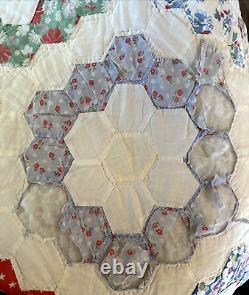 VTG Handstich Quilt Grandmother Flower Garden Feed Flour Sack 68 x 83 DAMAGED