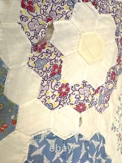 VTG Handstich Quilt Grandmother Flower Garden Feed Flour Sack 68 x 83 DAMAGED