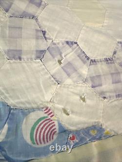 VTG Handstich Quilt Grandmother Flower Garden Feed Flour Sack 68 x 83 DAMAGED