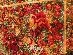 VTG Italian Wedding Quilt Blanket Velvet Yellow Fuscia Roses Cherubs 82 x 92