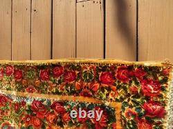 VTG Italian Wedding Quilt Blanket Velvet Yellow Fuscia Roses Cherubs 82 x 92