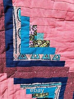 VTG Quilt 46 x 66 Pink & Turquoise Tied Strips Geometric Hand Made Floral