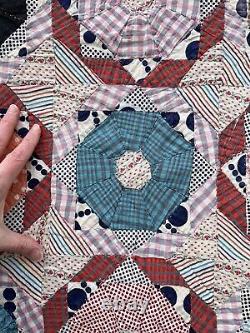 VTG Quilt Hand Pieced Square Snowball Octagon c. 1930s Feedsack 74x84 Heavy