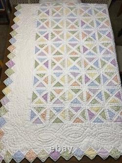 VTG Triangle Patchwork Queen Hand Quilted Blanket Quilt With 2 Shams 1994