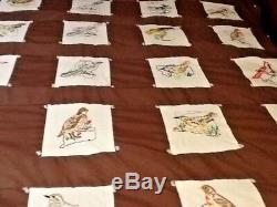 VTG Twin Double Brown 50 STATE BIRDS BIRD QUILT HANDMADE EMBROIDERED 65x105