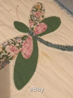 VTG1930s MUSLIN BACKING HANDMADE FEED SACK DRAGONFLIES FLOWERS BUTTERFLIES QUILT