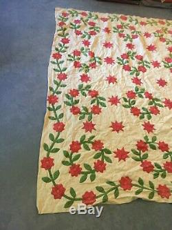 Vintage 1800's Quilt Cream Green Red HANDMADE 65 x 82 Flowers Lovely