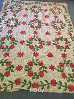 Vintage 1800's Quilt Cream Green Red HANDMADE 65 x 82 Flowers Lovely