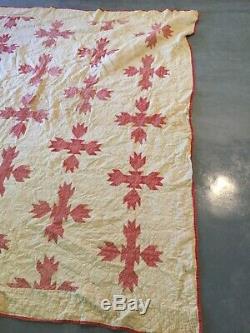 Vintage 1800's Quilt Cream and Red HANDMADE Rare Pattern 65 x 80 Stunning