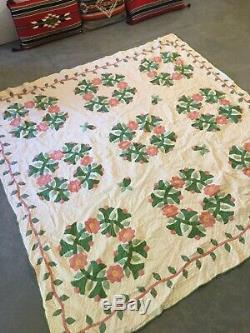 Vintage 1800's Quilt White Green Pink Yellow Flowers HANDMADE 76 x 74 Beautiful