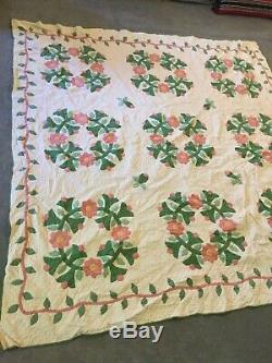 Vintage 1800's Quilt White Green Pink Yellow Flowers HANDMADE 76 x 74 Beautiful