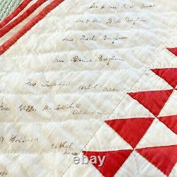 Vintage 1860s Lady of the Lake Signed Antique Quilt, Large Square, Red Triangles