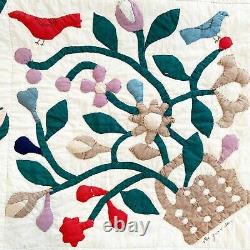 Vintage 1870s Album Style Folk Art Antique Quilt, Hand Stitched, Birds, Flowers