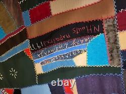Vintage 1920s Handmade Patchwork Family Embroidered Crazy Quilt Silk Backing
