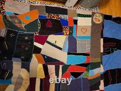 Vintage 1920s Handmade Patchwork Family Embroidered Crazy Quilt Silk Backing