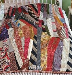 Vintage 1930's Crazy Quilt Made from Silk Neck Ties Hand Made 64 x 42