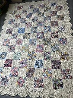 Vintage 1930's Hand Stitched Quilt 65x90 AMAZING stitching Scalloped edging