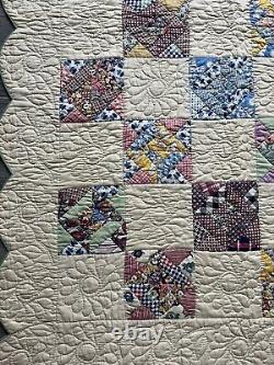 Vintage 1930's Hand Stitched Quilt 65x90 AMAZING stitching Scalloped edging