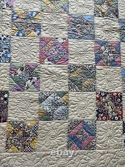 Vintage 1930's Hand Stitched Quilt 65x90 AMAZING stitching Scalloped edging