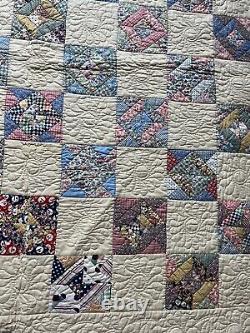 Vintage 1930's Hand Stitched Quilt 65x90 AMAZING stitching Scalloped edging