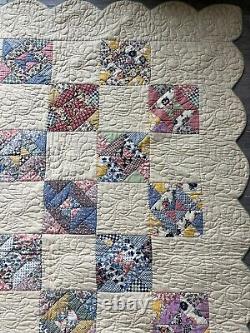 Vintage 1930's Hand Stitched Quilt 65x90 AMAZING stitching Scalloped edging