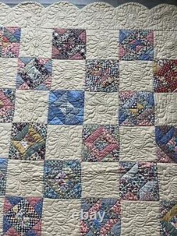 Vintage 1930's Hand Stitched Quilt 65x90 AMAZING stitching Scalloped edging