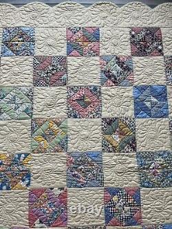 Vintage 1930's Hand Stitched Quilt 65x90 AMAZING stitching Scalloped edging