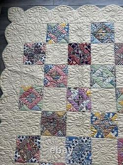 Vintage 1930's Hand Stitched Quilt 65x90 AMAZING stitching Scalloped edging