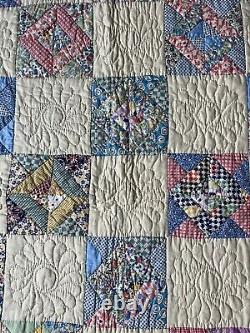 Vintage 1930's Hand Stitched Quilt 65x90 AMAZING stitching Scalloped edging